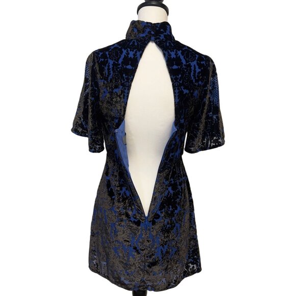 Anthropologie Velvet Rose Floral Mini Dress Mock A-Line Botton Flare Open Back - Picture 8 of 13